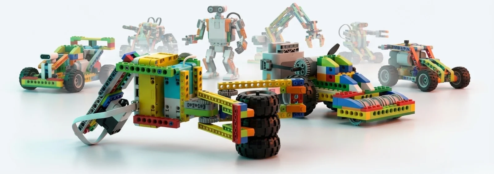 A collection of robot models built from the Builder Toolkit, including vehicles, a walking robot and a robotic arm