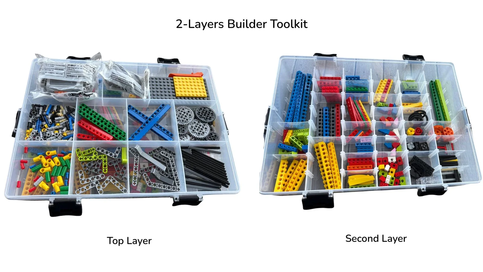 The 2-layer Builder Toolkit: top layer and second layer trays of sorted building parts