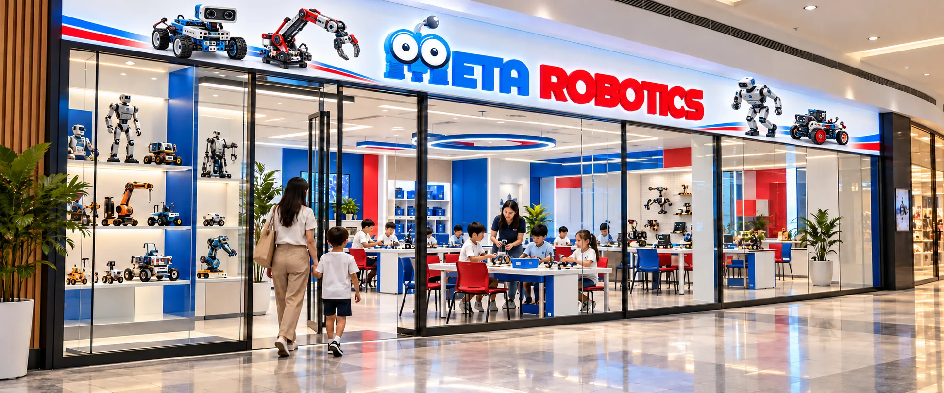 A Meta Robotics centre in a shopping mall: robot models displayed in the front windows, with children building and coding robots at tables inside