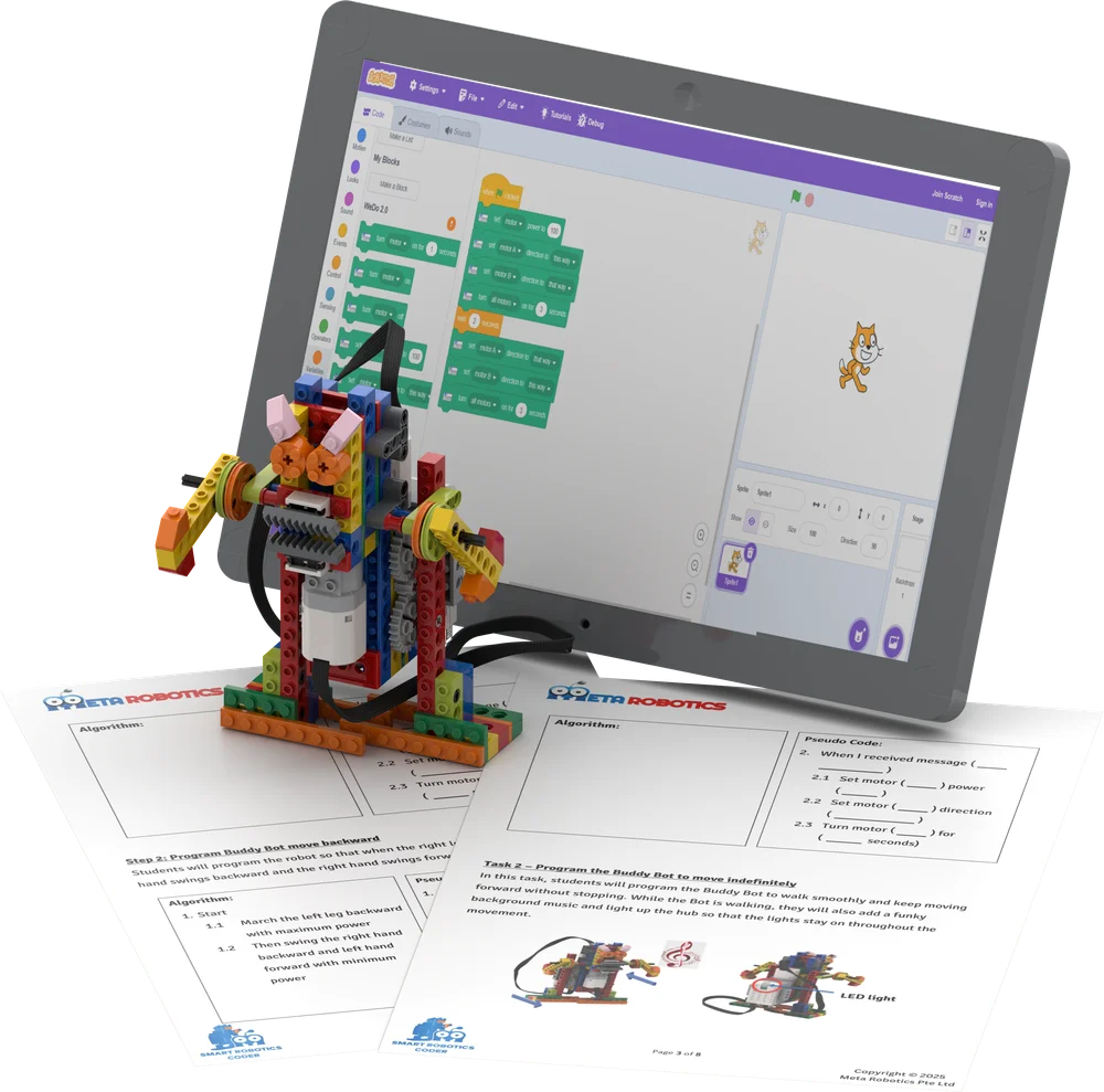 Buddy Bot lesson: Scratch block code on a tablet, the walking Buddy Bot model and student worksheets