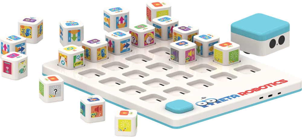 Meta Robotics KindieBot: coding board with picture command cubes and the KindieBot robot