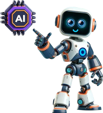 Ace mascot: robot pointing at an AI chip