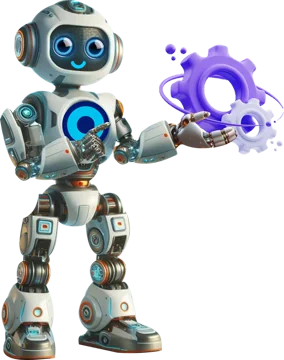High Ranker mascot: robot presenting purple gears