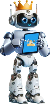 King mascot: crowned robot holding a tablet