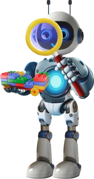 Ranker mascot: robot with a magnifying glass and building bricks