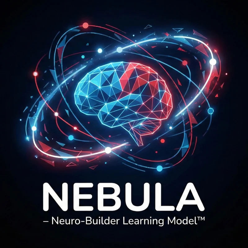 NEBULA – Neuro-Builder Learning Model logo: a glowing blue and red brain encircled by orbiting light trails