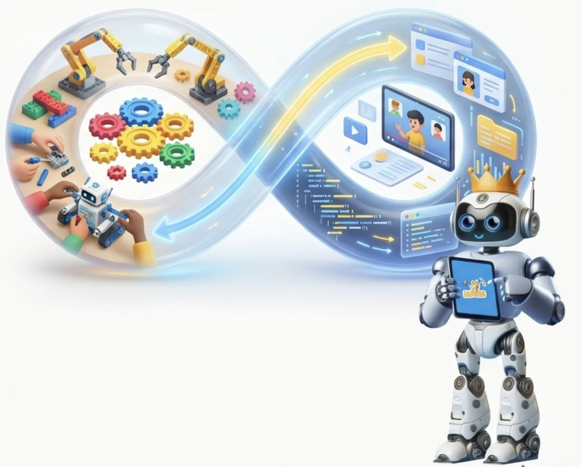Infinity loop linking hands-on building with robots and gears to digital lessons, videos and code, with the crowned King robot holding a tablet