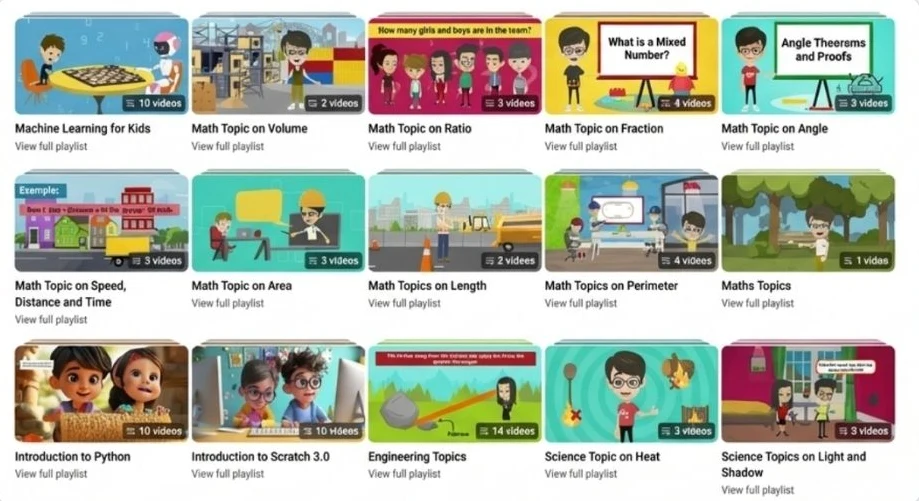Grid of animated video playlists, including Machine Learning for Kids, maths topics, Introduction to Python and Scratch 3.0, and science topics